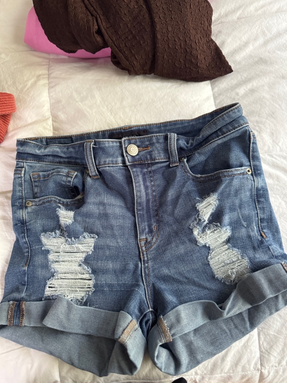 Distressed Rolled-Cuff Denim Shorts - Blue